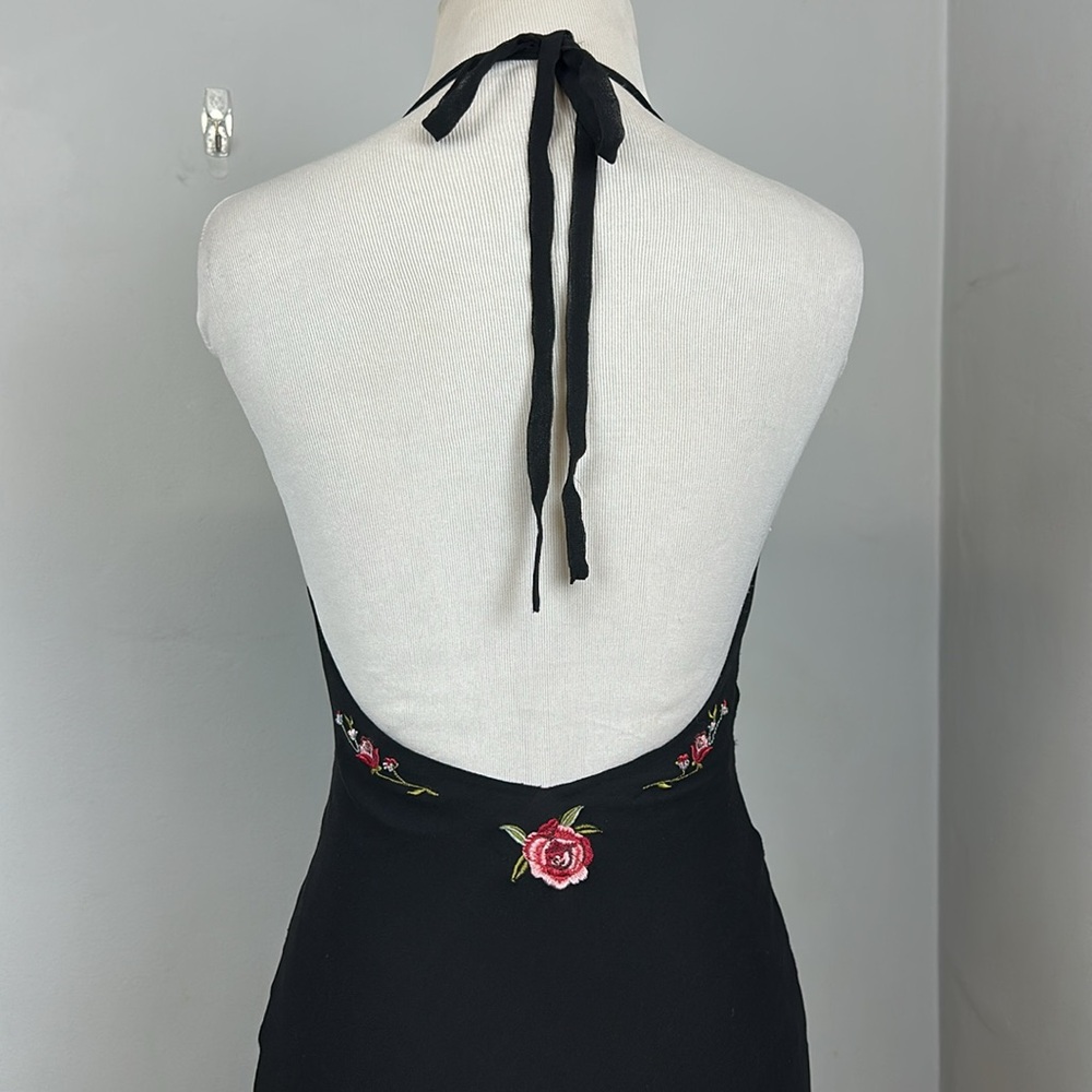 Vintage Betsey Johnson 100% Silk Rose Embroidered Halter Slip Dress Sz 4 - Picture 6 of 13